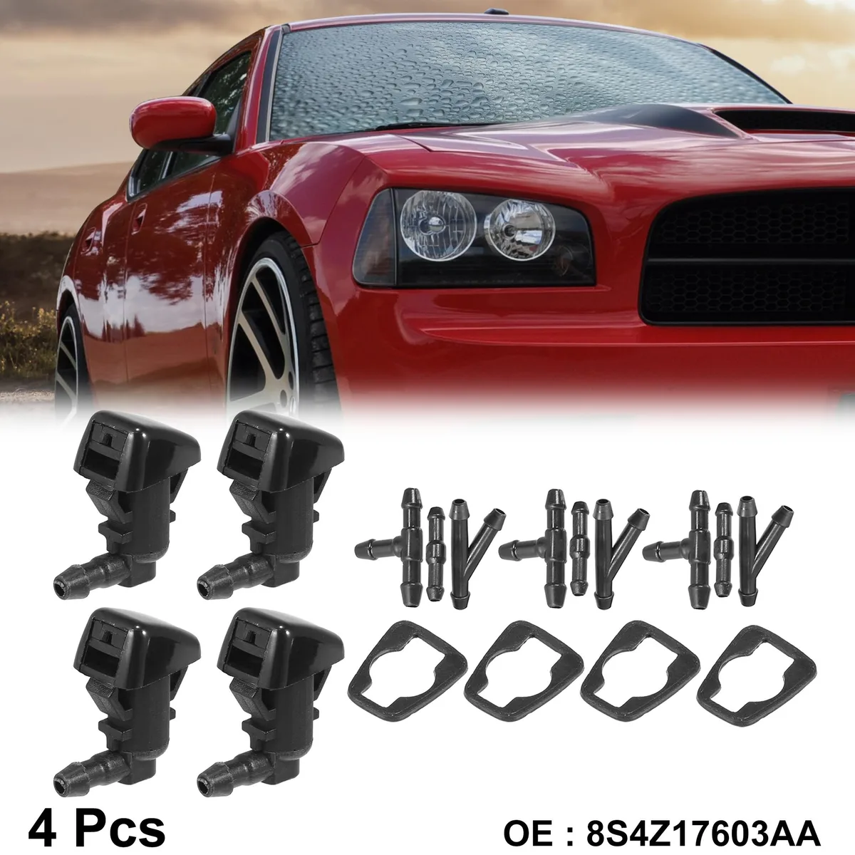 Black plastic windshield washer nozzle kit with four nozzles and nine hose connectors