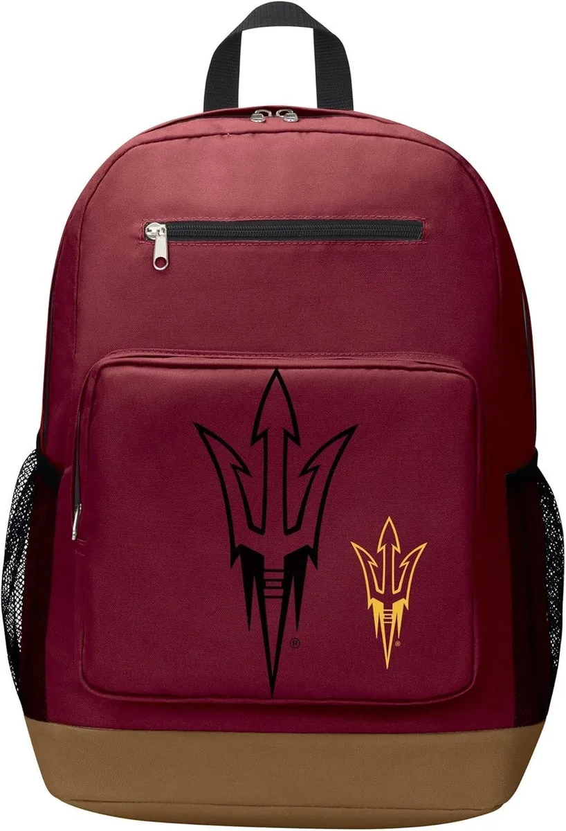 Tan polyester backpack with embroidered Arizona State Sun Devils logo, three main compartments, padded laptop sleeve
