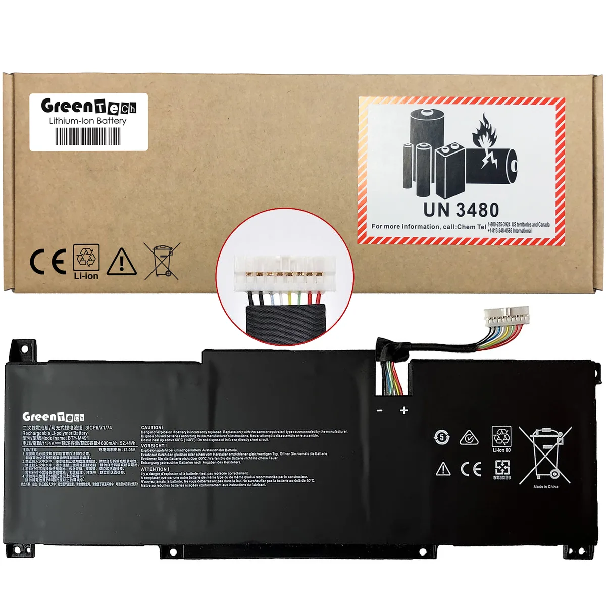 GreenTechLLC GreenTechLLC BTY-M491 laptop battery for MSI Prestige 14 A11SB 52.4WHR 8PIN white connector — product photo
