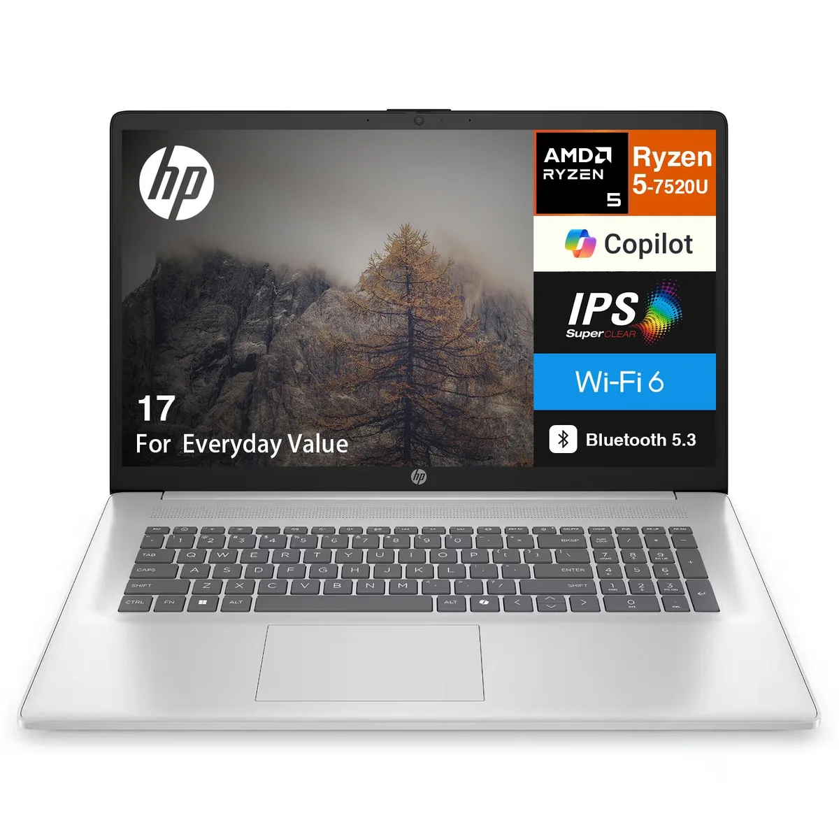 HP HP 17 laptop Ryzen 5 7520U 8GB LPDDR5 1TB NVMe 17.3" FHD Silver — product photo