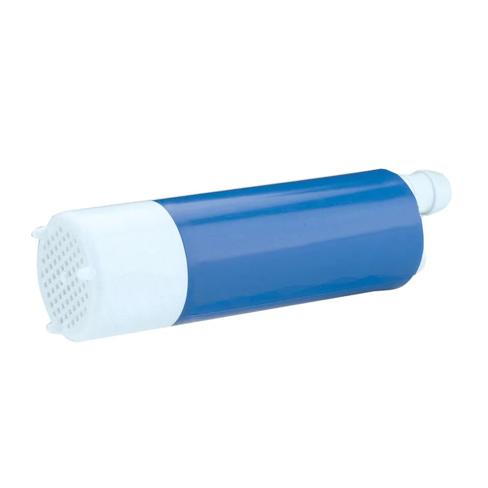 Cylindrical 12V submersible pump with barbed ports and 13 ft cord