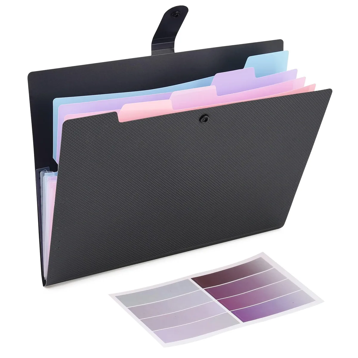 Black paper expanding file folder with five pockets and tabbed dividers, letter size, snap closure