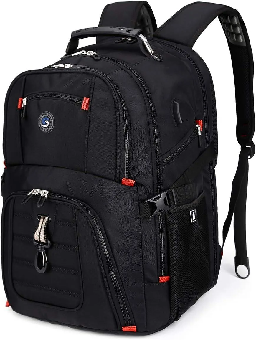 Black 50L travel laptop backpack with USB port, 20 pockets, 17-inch laptop fit, airline-approved 90-180 degree opening
