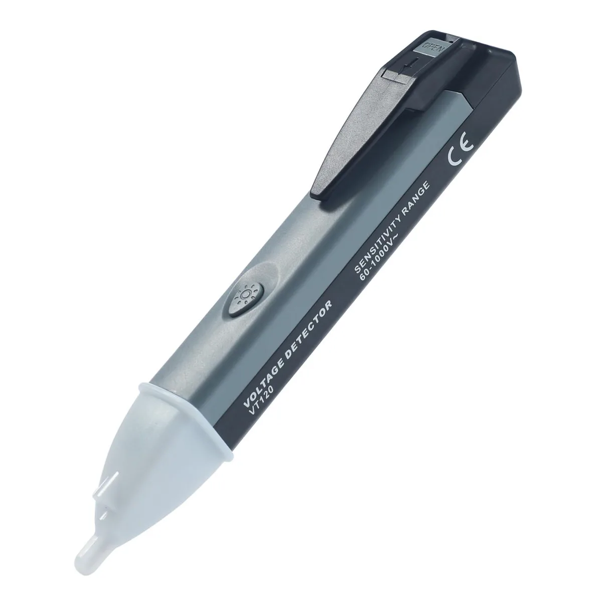 Bright orange voltage tester pen with pocket clip and flashlight