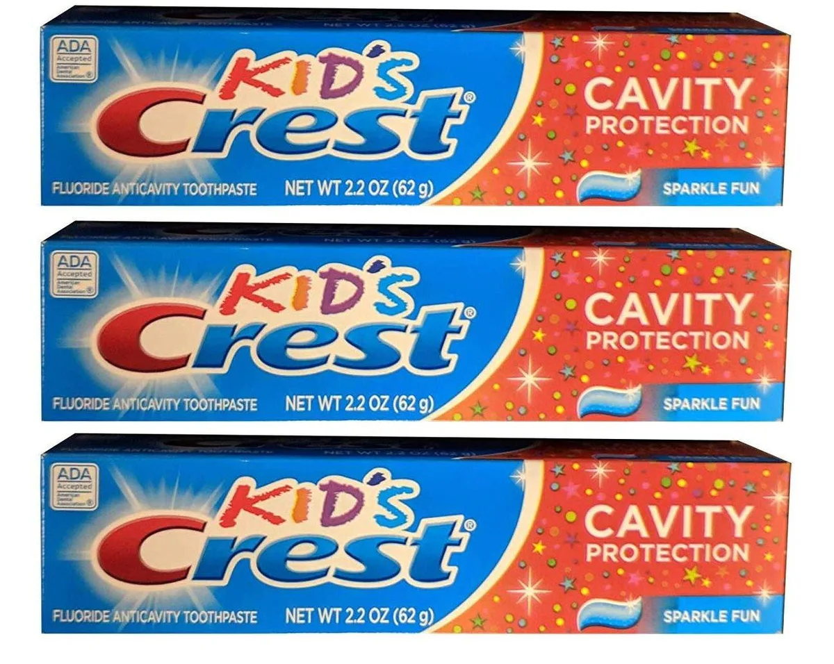 Three white tubes of Crest kids cavity protection toothpaste 6.6 oz each