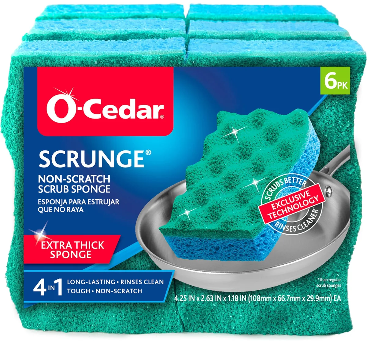Six rectangular yellow and green sponges with textured scrubber sides stacked together