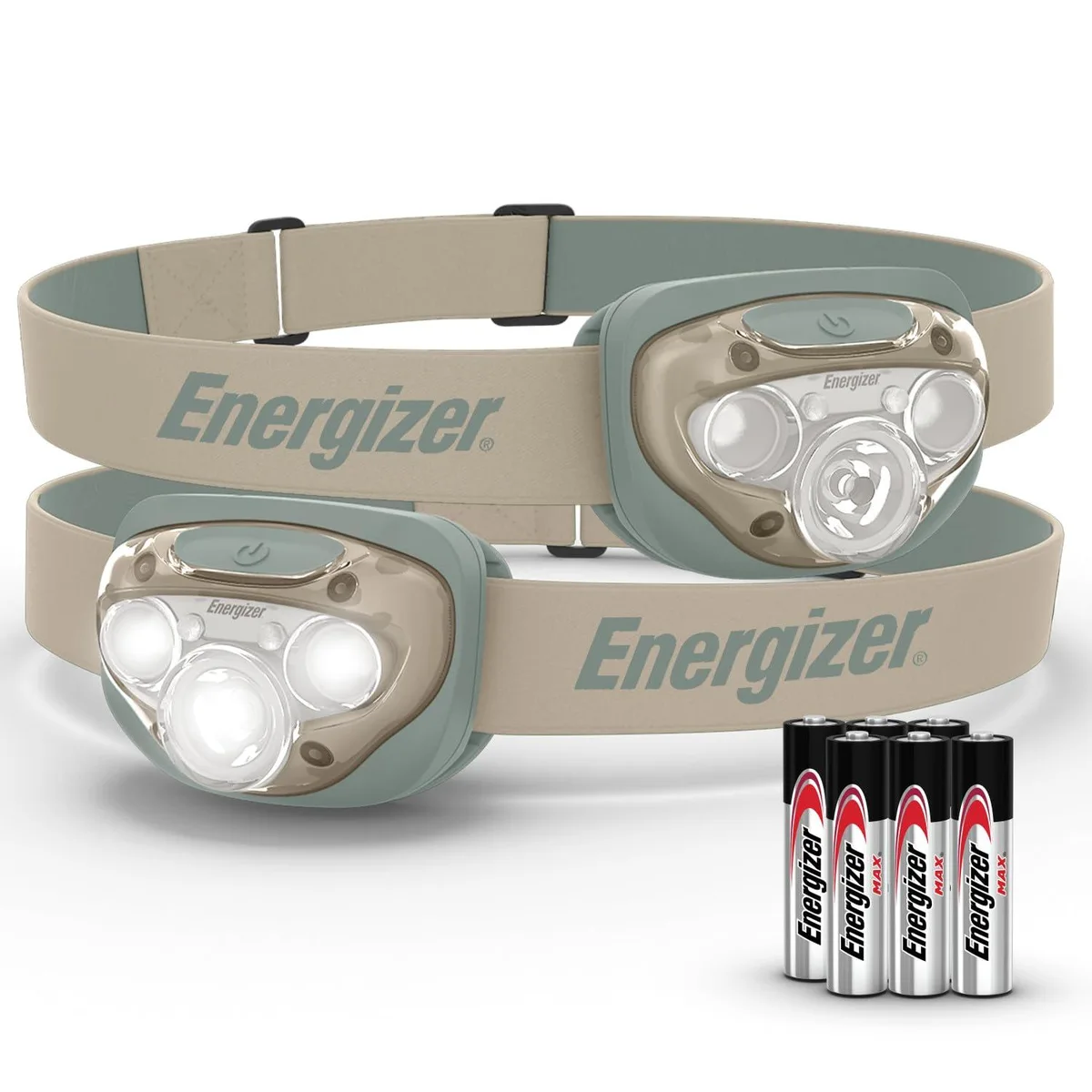 Two green headlamps with adjustable headbands, compact rectangular light units, matte plastic finish