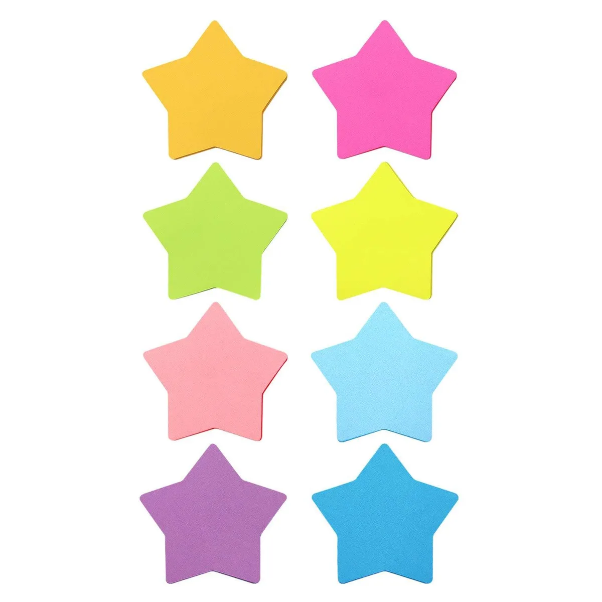 Eight square pads of star-shaped sticky notes in bright colours, 3 by 3 inches each