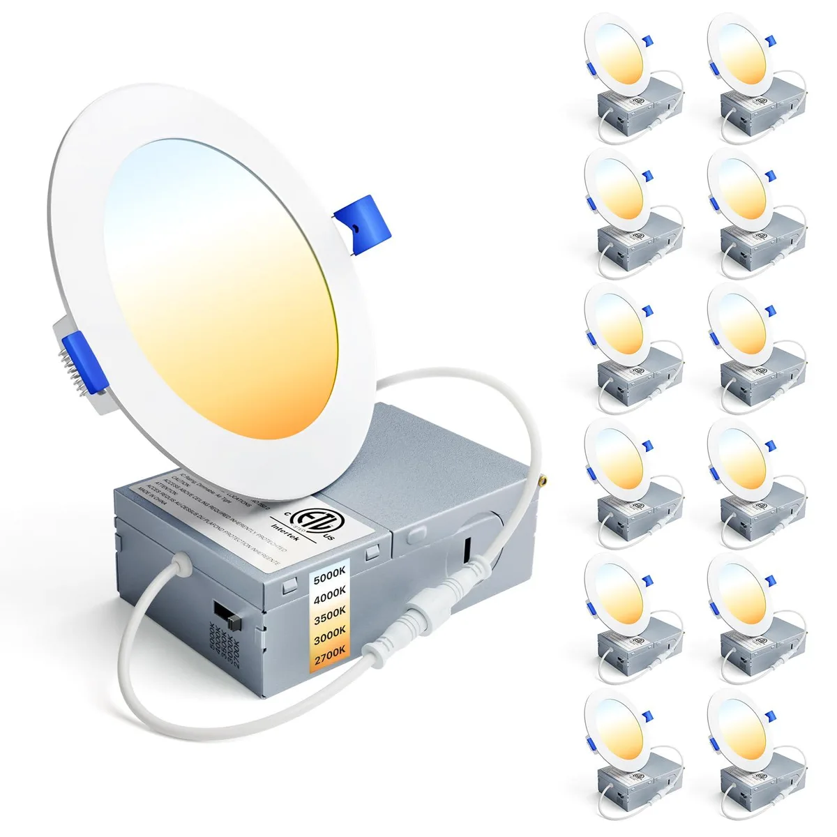 Twelve white ultra-thin 4-inch LED recessed downlights with clear prismatic lenses