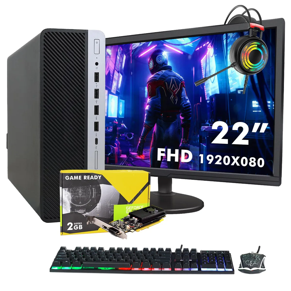 HP HP ProDesk 600 G3 SFF desktop PC, Core i7-6700, 16GB DDR4, 256GB SSD, GT 1030, 22" monitor — product photo