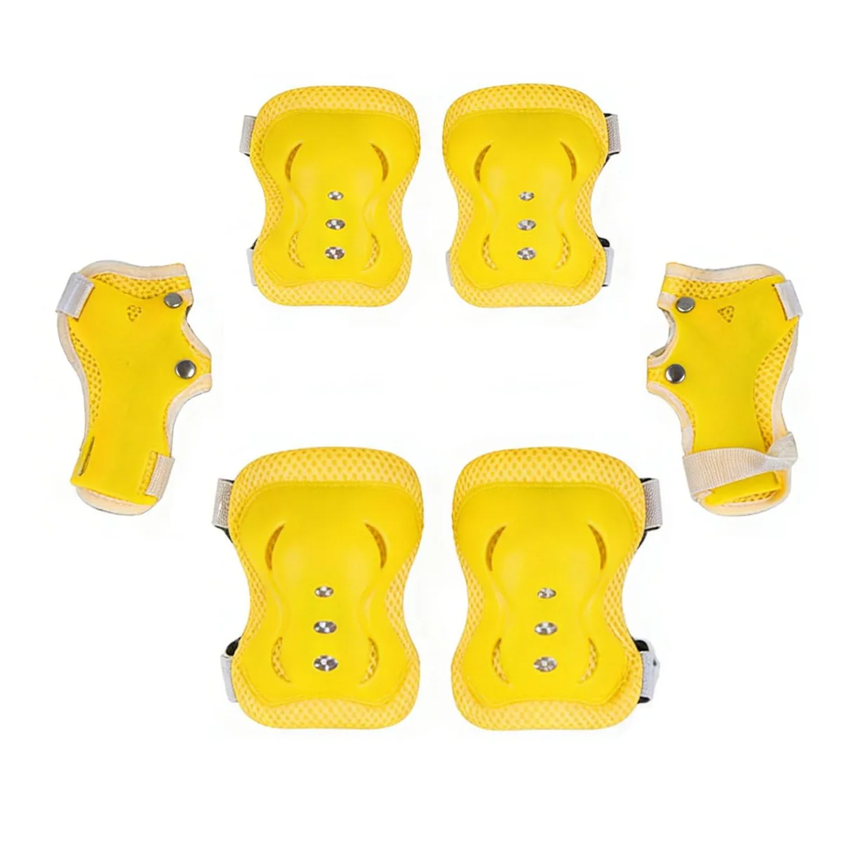 Yellow nylon protective gear set with knee, elbow and wrist pads in a mesh bag