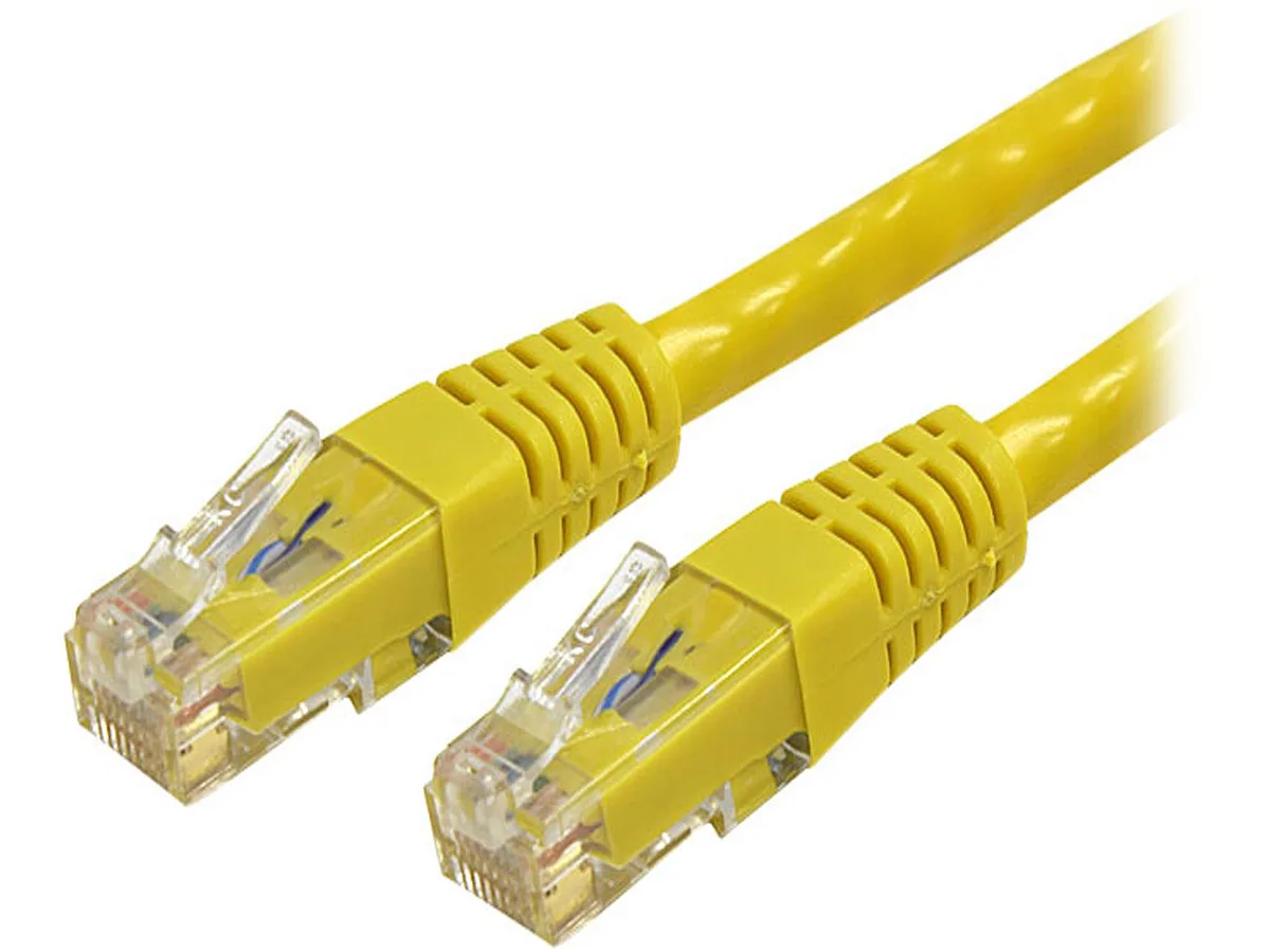 Yellow Cat6 Ethernet cable with moulded RJ45 connectors, 50 ft length