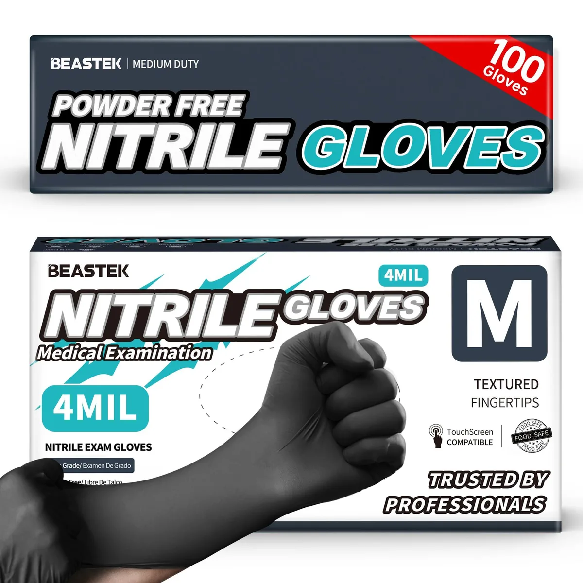 Beastek BTN Nitrile Gloves Black Medium 100 Ct — product photo