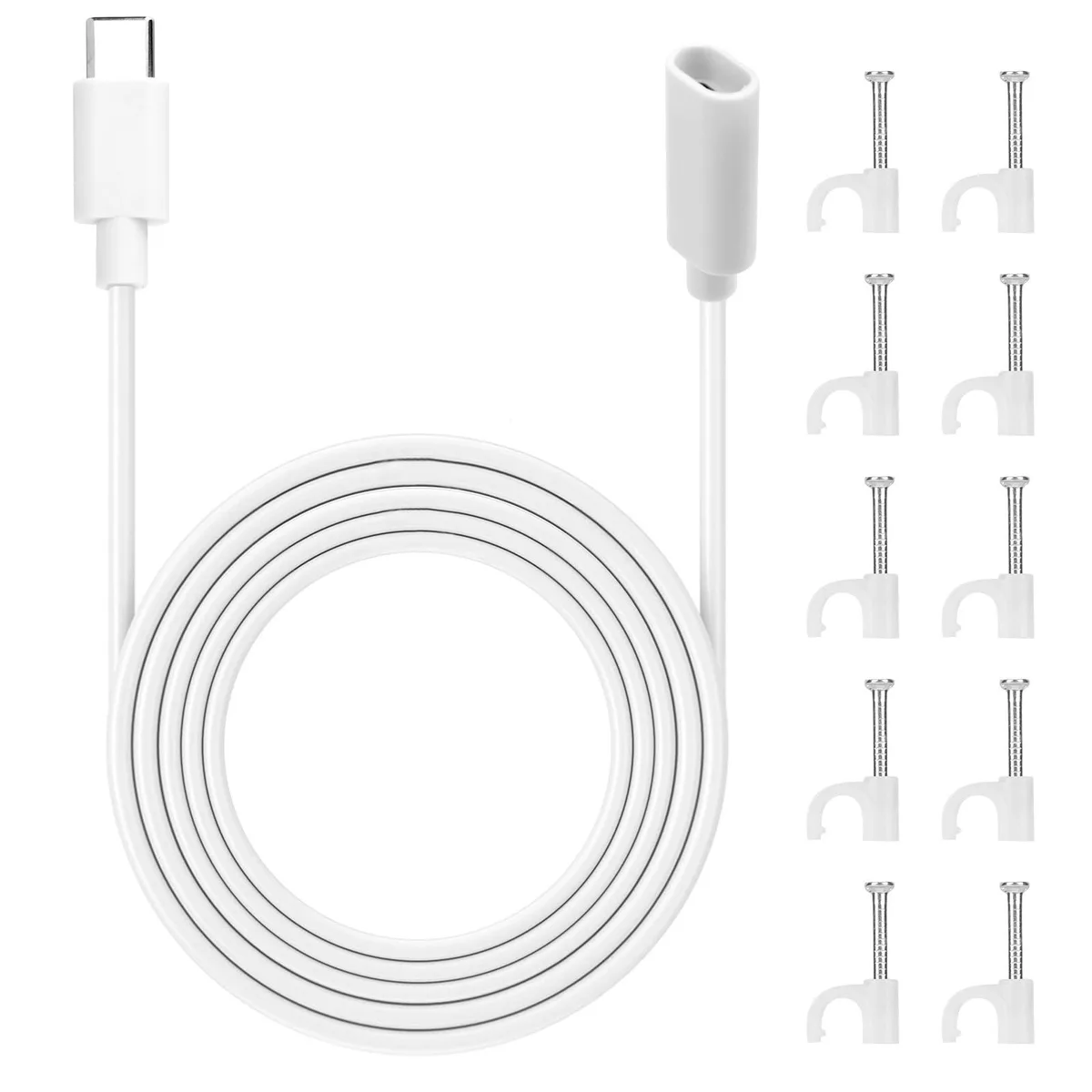 White USB-C male-to-female extension cable with ten snap clips