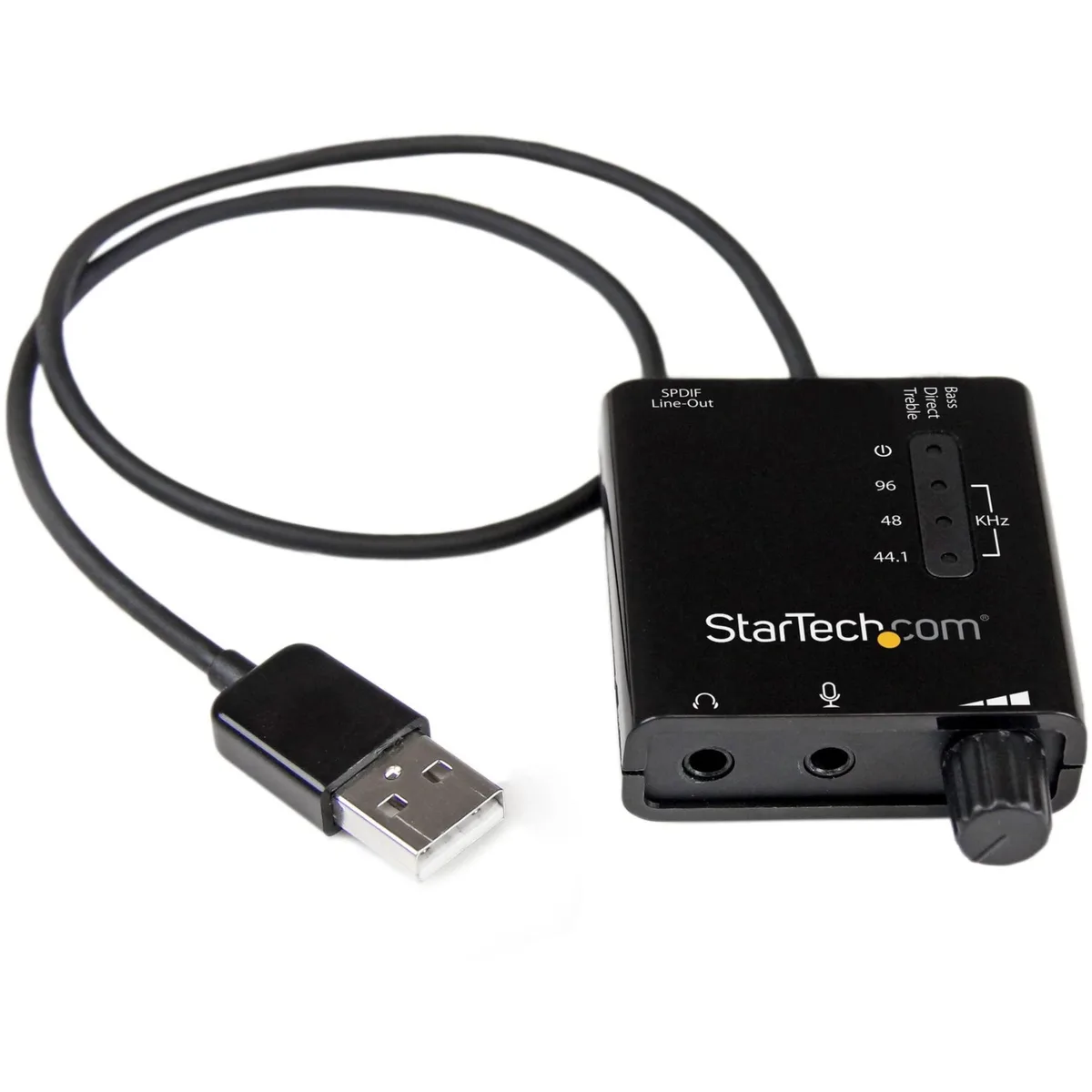 Black rectangular USB sound card with volume knob EQ switch LED bar 3.5mm jacks SPDIF port