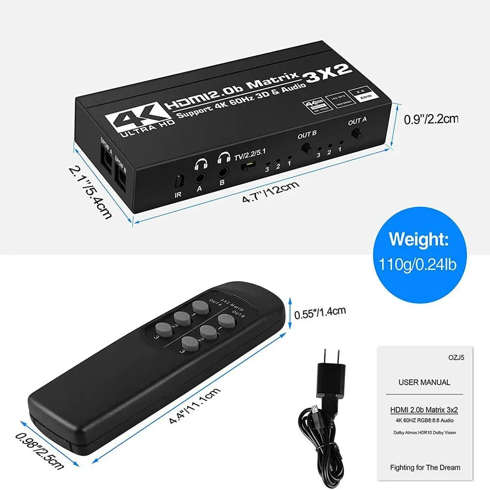 YINGHUA YINGHUA HDMI Matrix Switch 3x2 4K@60Hz SPDIF 3.5mm UK Plug — product photo
