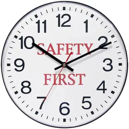 Infinity Instruments Safety First wall clock, round face, black frame, white dial, Arabic numerals, quartz movement