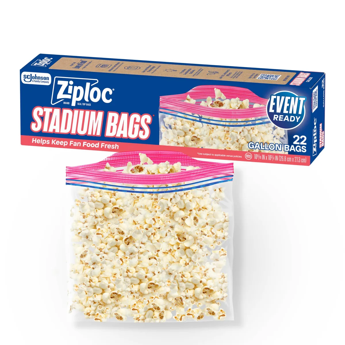 Box of 22 clear gallon plastic zipper bags with easy-open tabs