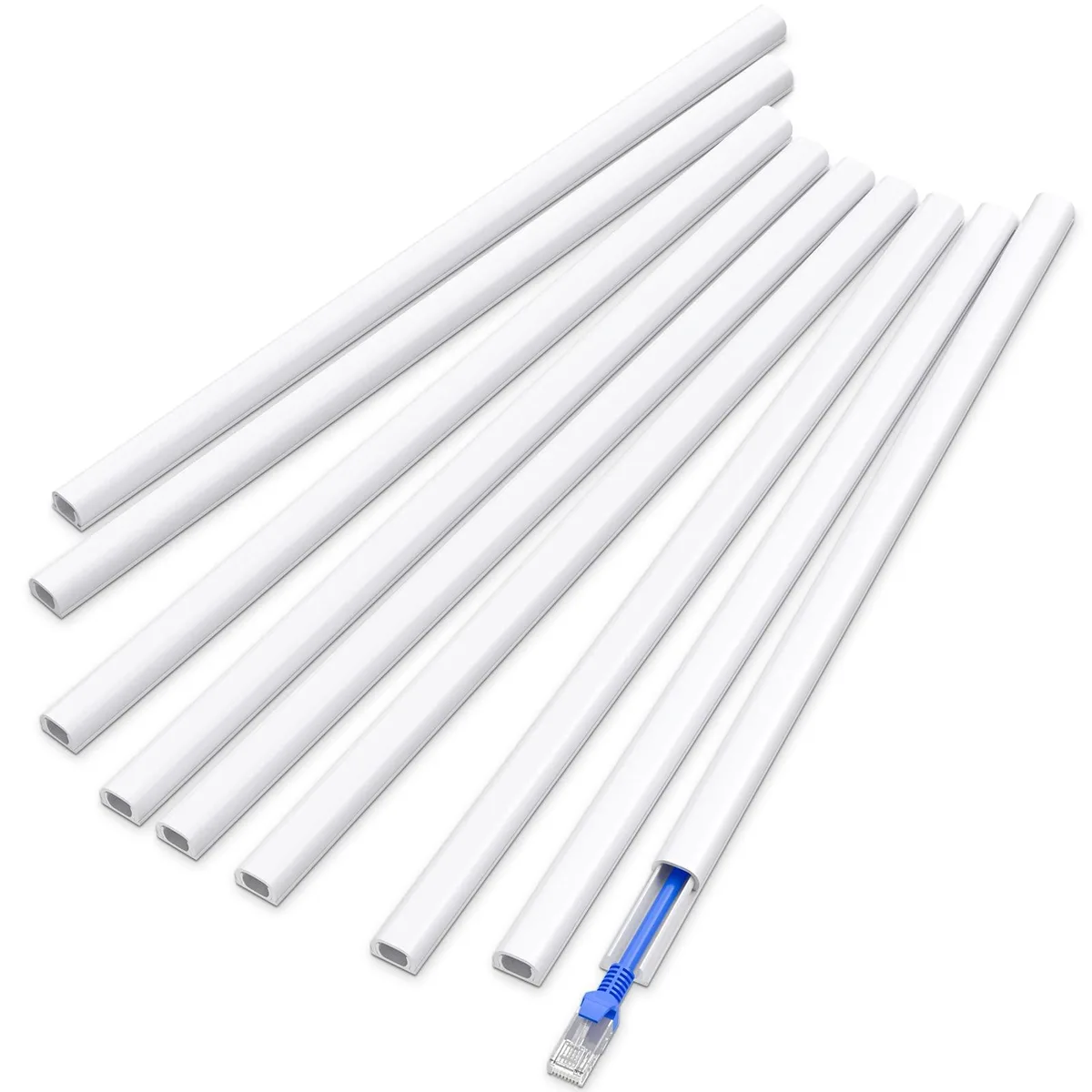 White self-adhesive PVC cord cover, 128in long, .48in wide, .30in high, slim arc profile