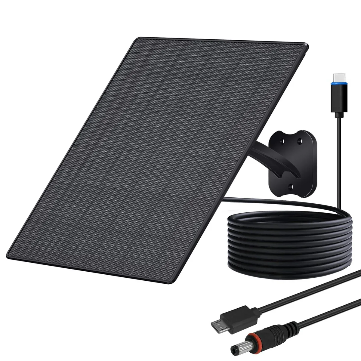 Rectangular black solar panel, slim profile, adjustable mount, ten-foot cable
