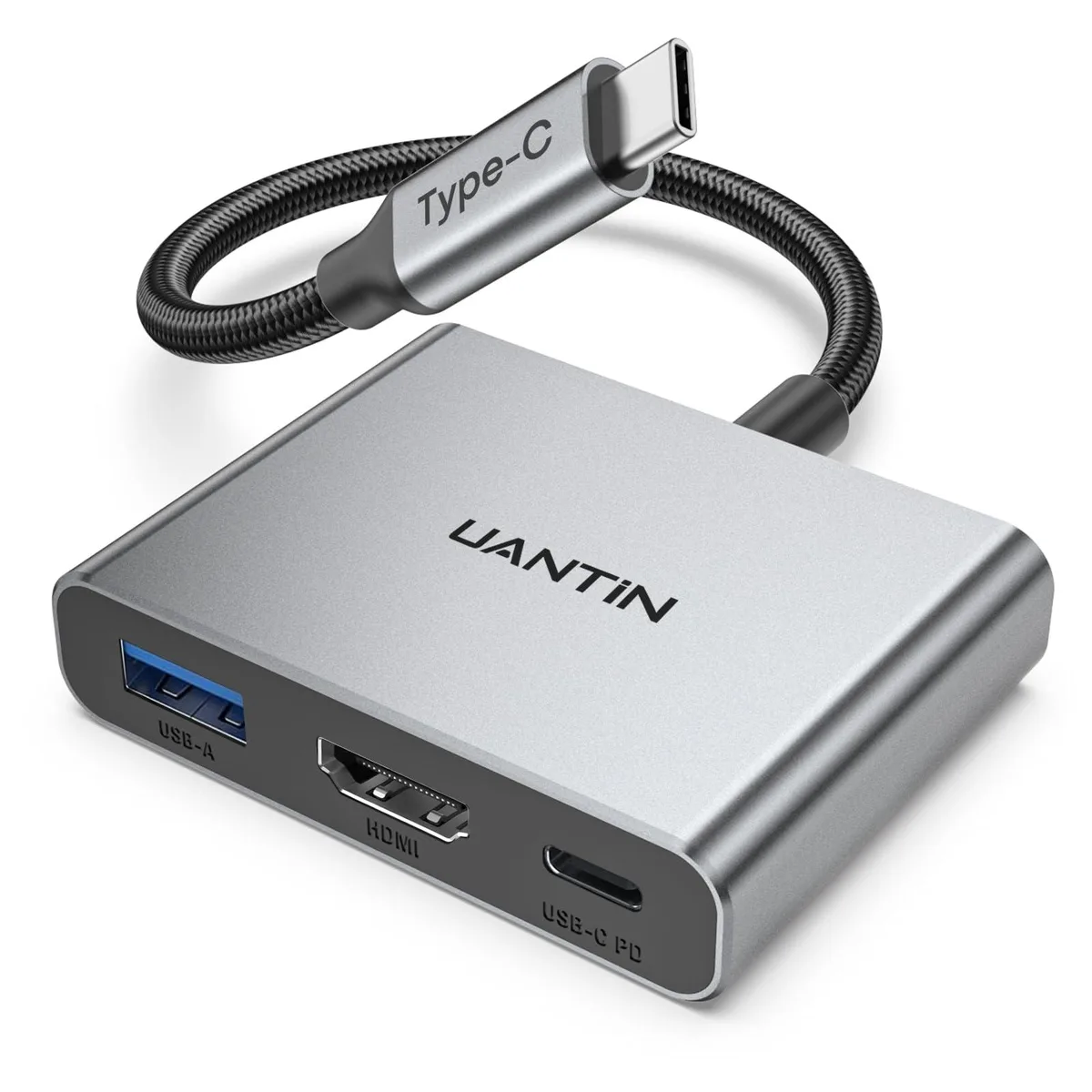 Black aluminum USB-C hub with HDMI, USB-C PD and USB 3.0 ports, short braided cable