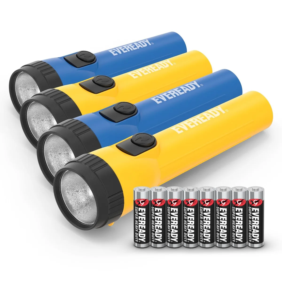 Four small cylindrical blue and yellow flashlights with ribbed grips
