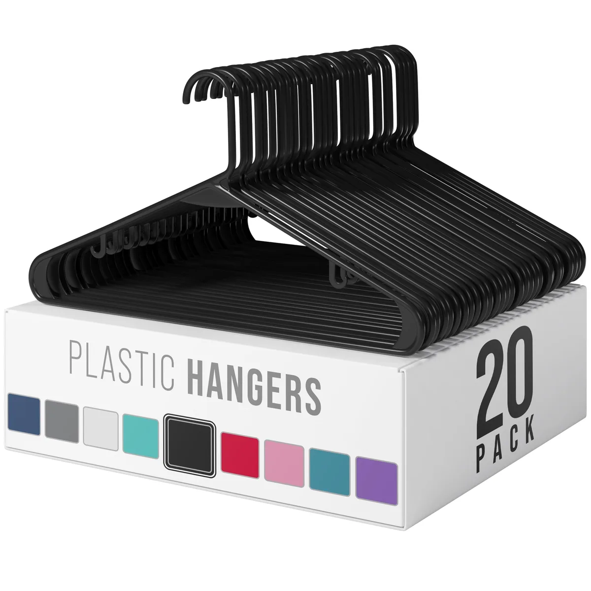 Pack of 20 black plastic clothes hangers, 16.5 by 9 inches, 0.28 inch thick
