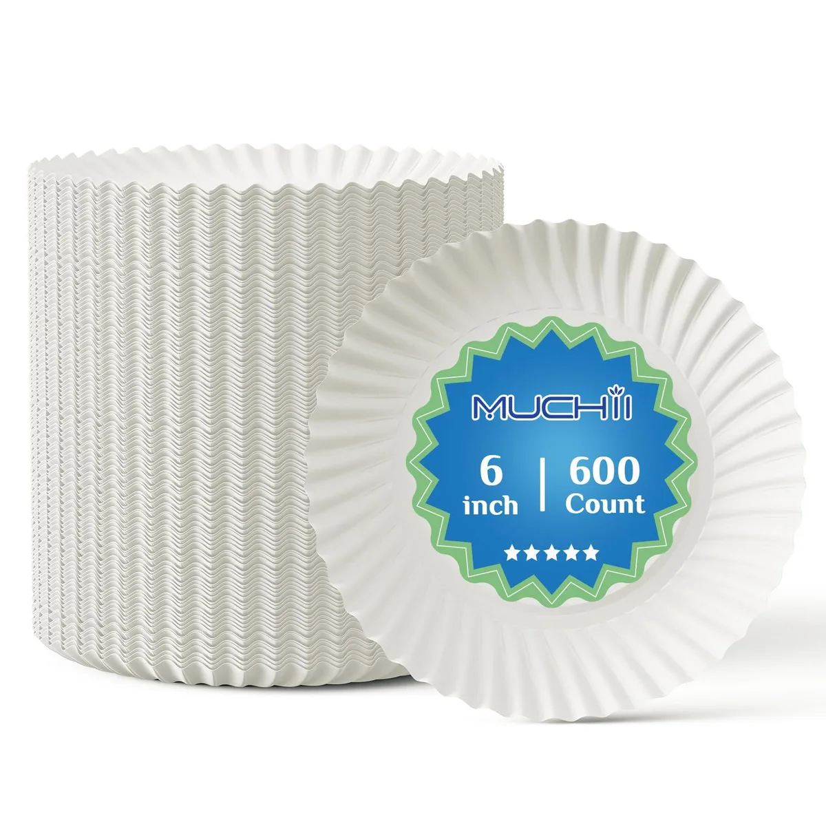 Stack of 600 white uncoated 6-inch square paper plates with embossed edges