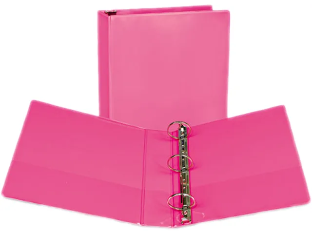 Two berry-coloured ring binders with clear overlay pockets