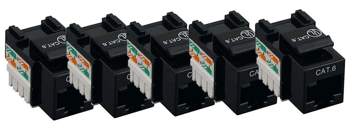 Five black Cat6 RJ45 punch-down keystone jacks
