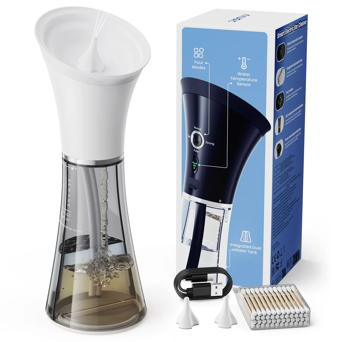White electric ear flush kit with integrated tank, showerproof IPX7 rating, one-hand operation and four pressure modes