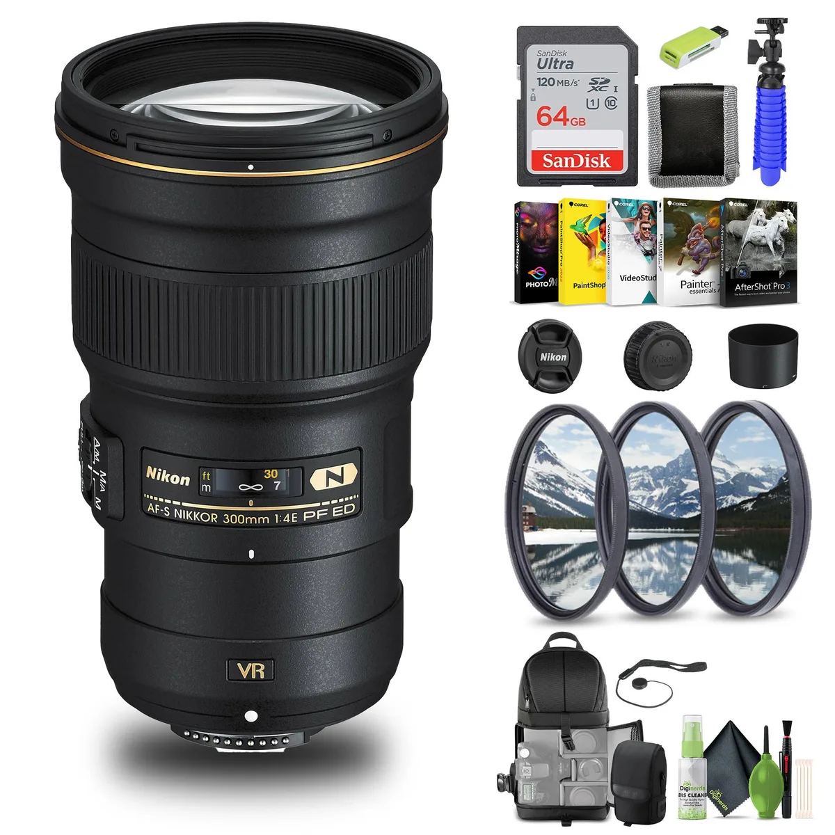 Nikon Inc Nikon AF-S NIKKOR 300mm f/4E PF ED VR Lens Bundle 64GB Memory Card Filter Kit Backpack (2223) — product photo