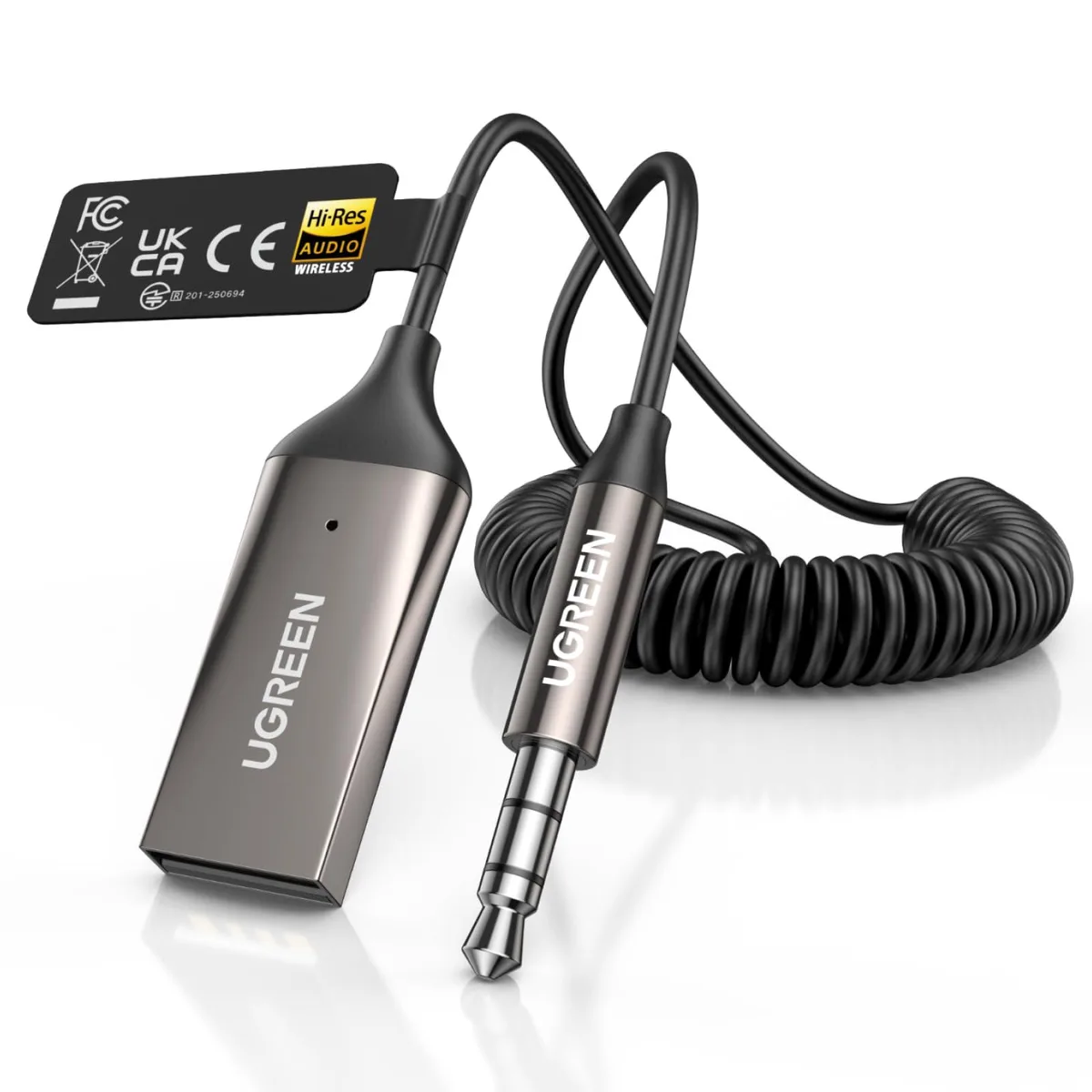 Small rectangular Bluetooth 6.0 aux adapter with 3.5 mm plug and USB power cable
