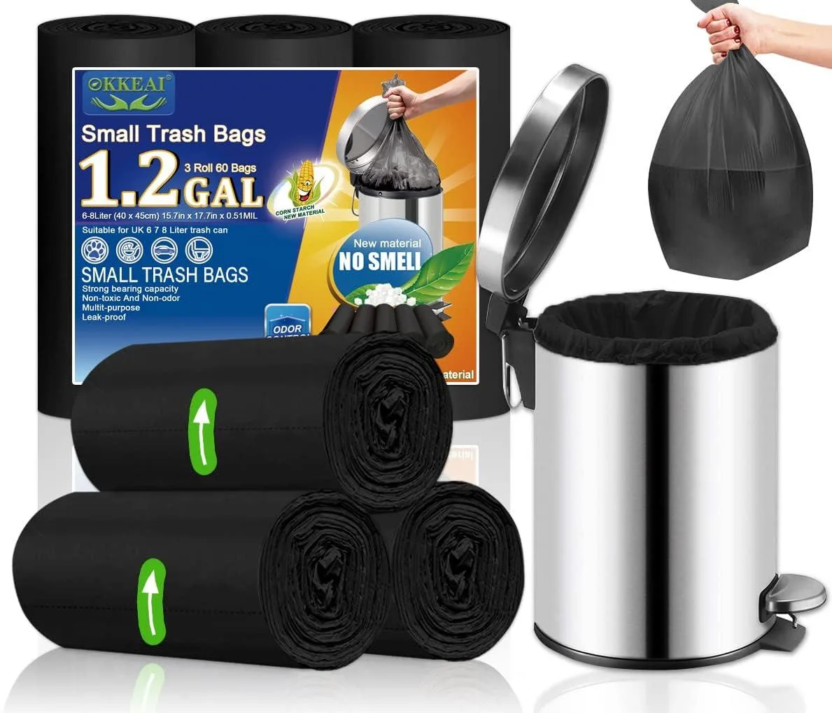  OKKEAI Bin Bags Black 10L 60 Pack .5mil 1.2Gal — product photo