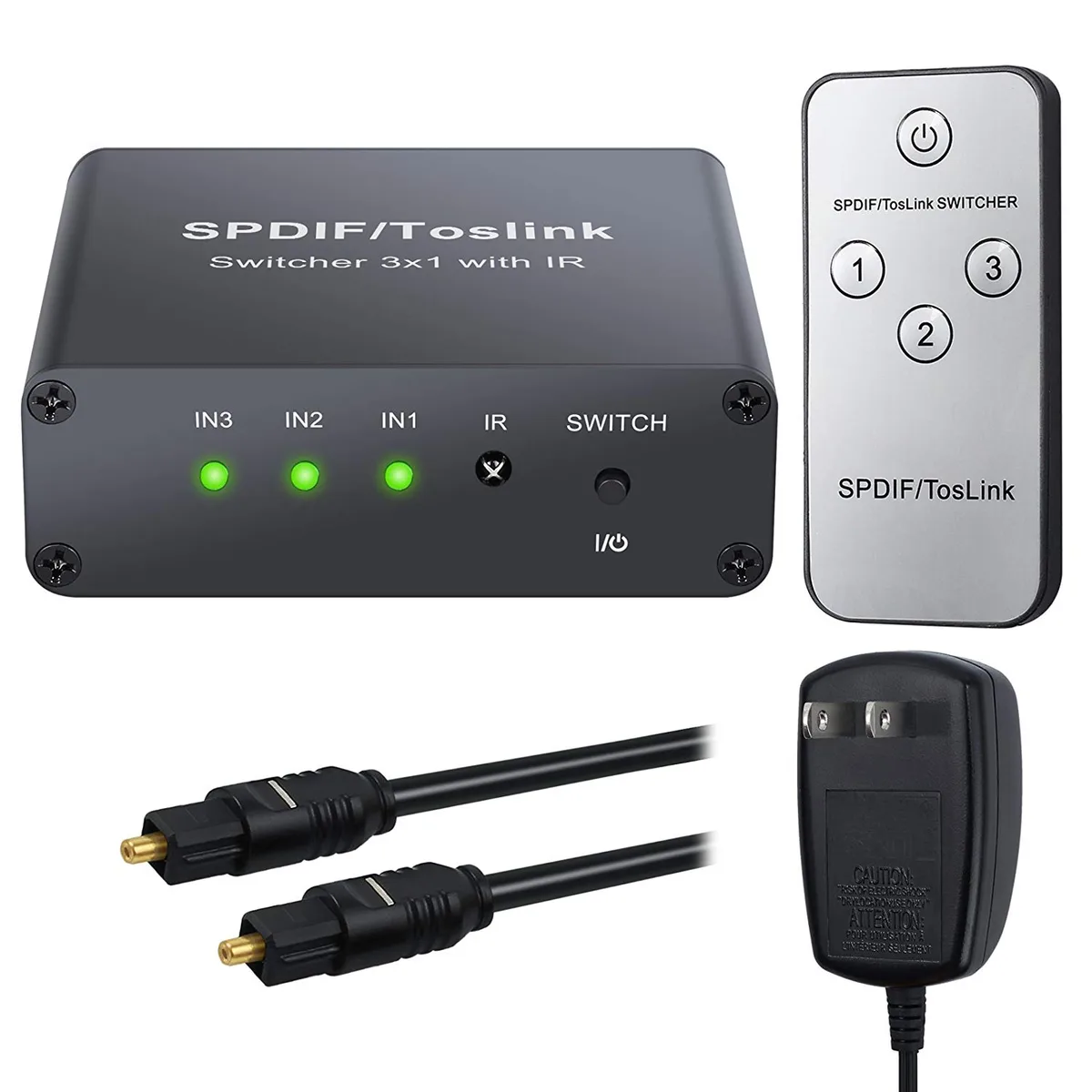 Werleo Werleo 3 Port Toslink Switch 3×1 IR Remote Aluminum SPDIF PCM2.0 DTS Dolby-AC3 with Optical Cable — product photo