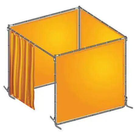 Transparent yellow PVC welding booth kit on powder-coated steel frame with platform legs 6 ft wide 6 ft high 13 oz material