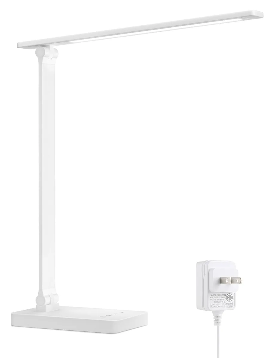White lacquered metal desk lamp with straight adjustable arm and long frosted LED head on round base