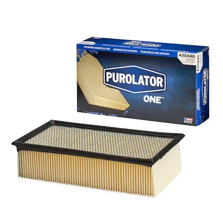 Rectangular white PurolatorONE air filter with pleated media, model A25446