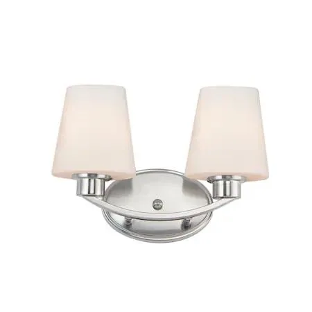 Satin nickel vanity light with two tapered white glass shades on curved rectangular frame
