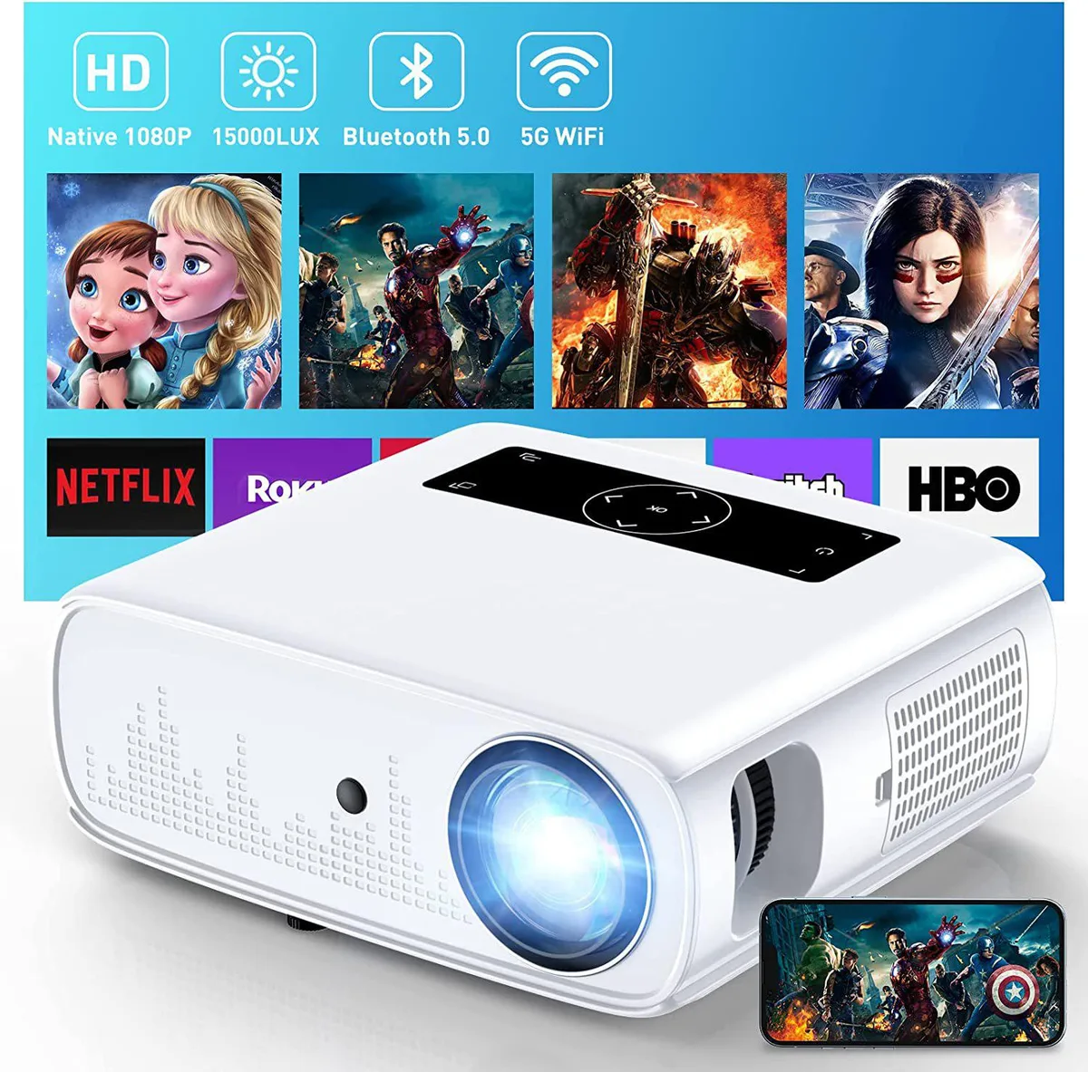 White rectangular projector with front lens and top controls