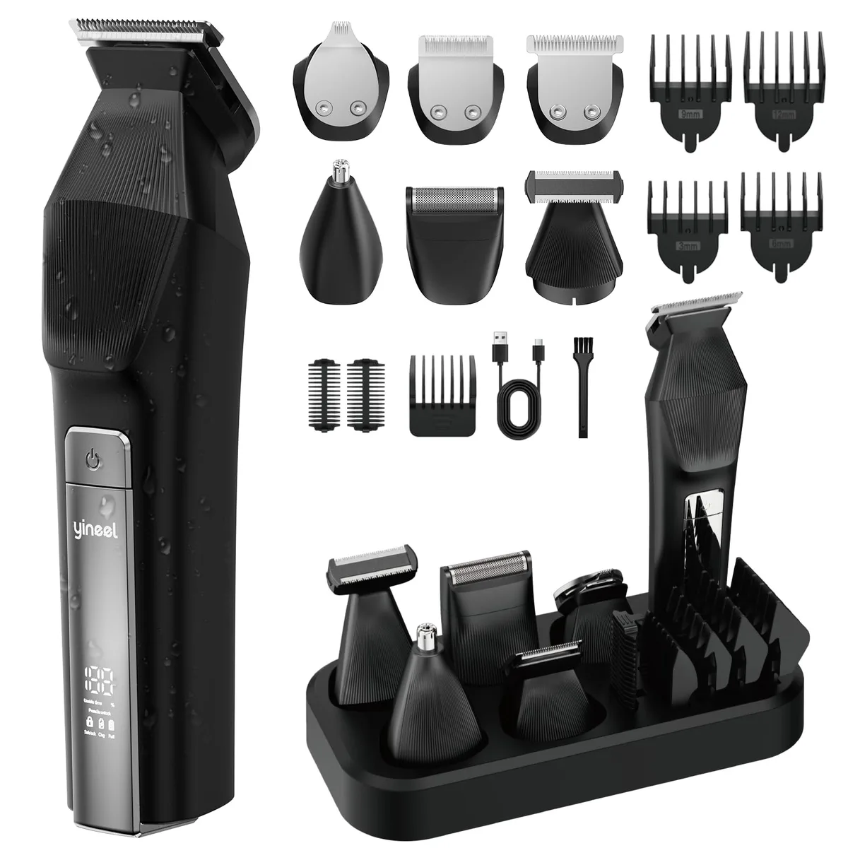 Black cordless grooming kit with five interchangeable heads and guard combs
