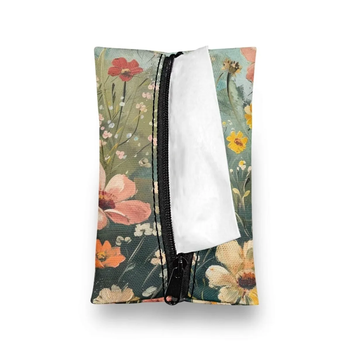 Small canvas tissue pouch with floral print, zip closure, 5.2 by 3.2 inches
