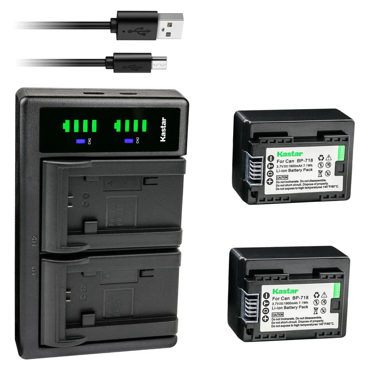 Kastar Kastar BP-718 2-pack camera battery with LTD2 USB charger for Canon VIXIA HF R32 R36 R37 R38 R40 R42 — product photo