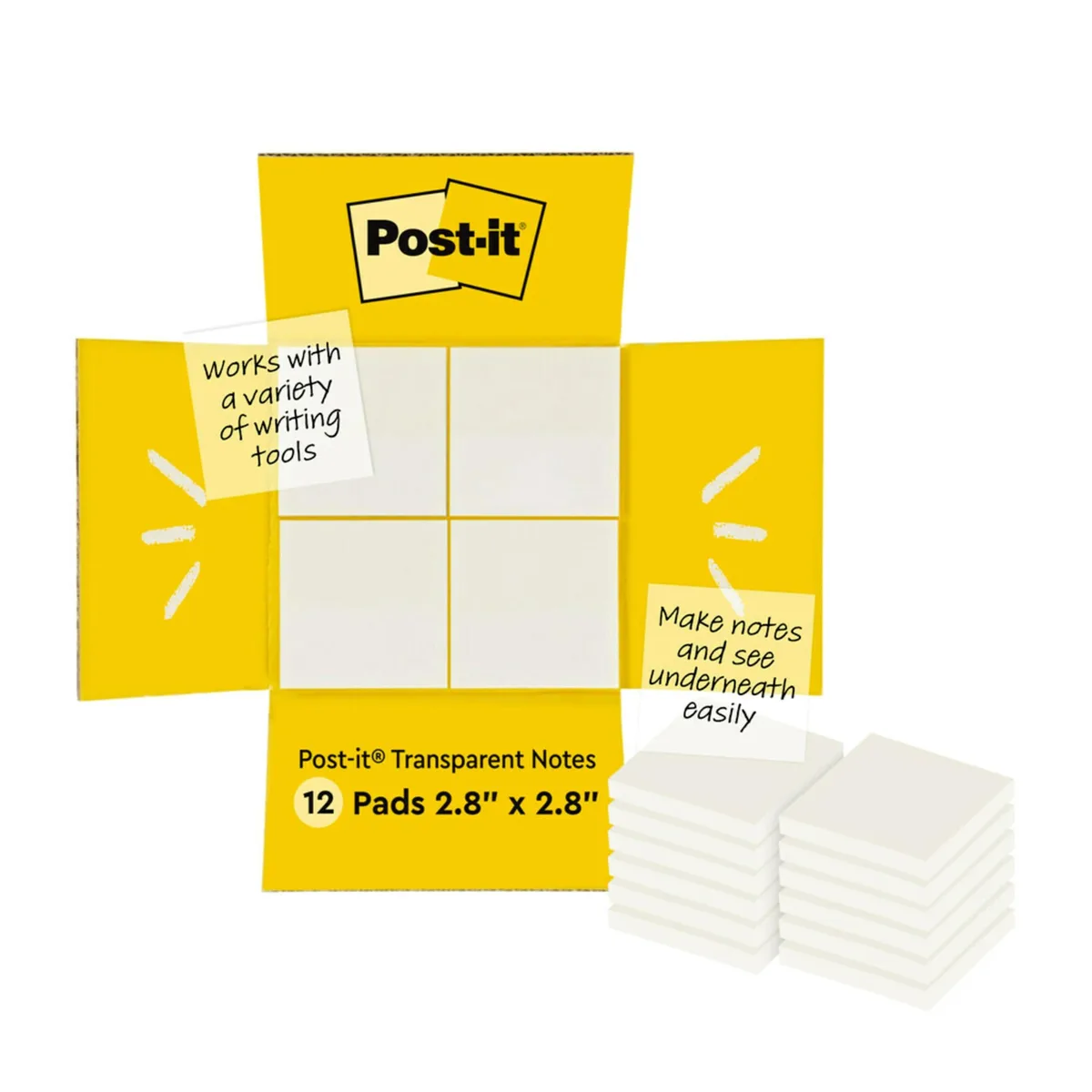 Twelve square pads of clear sticky notes, 2.8 inches each side