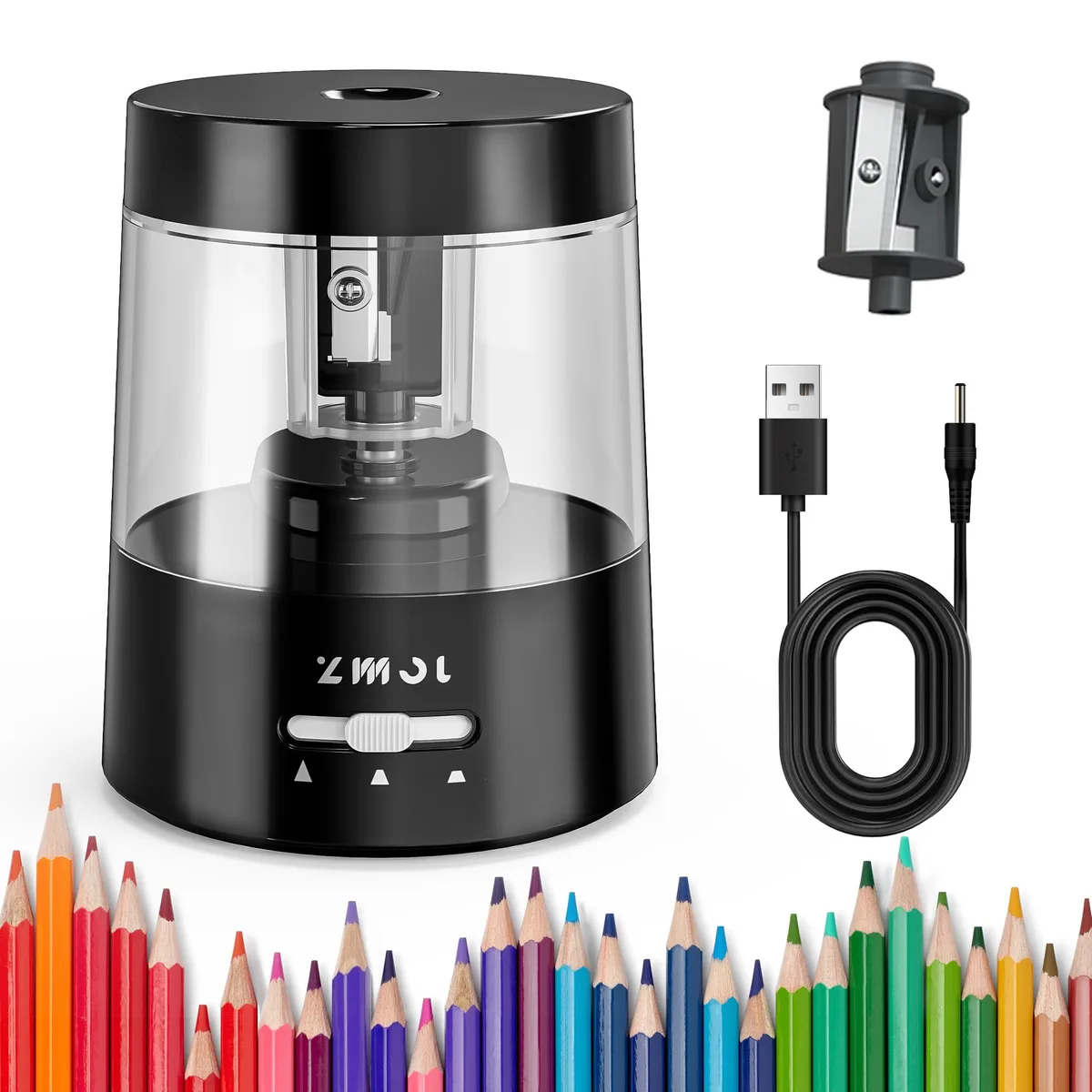 Compact black ABS electric pencil sharpener with stainless steel blade, USB or AA battery powered