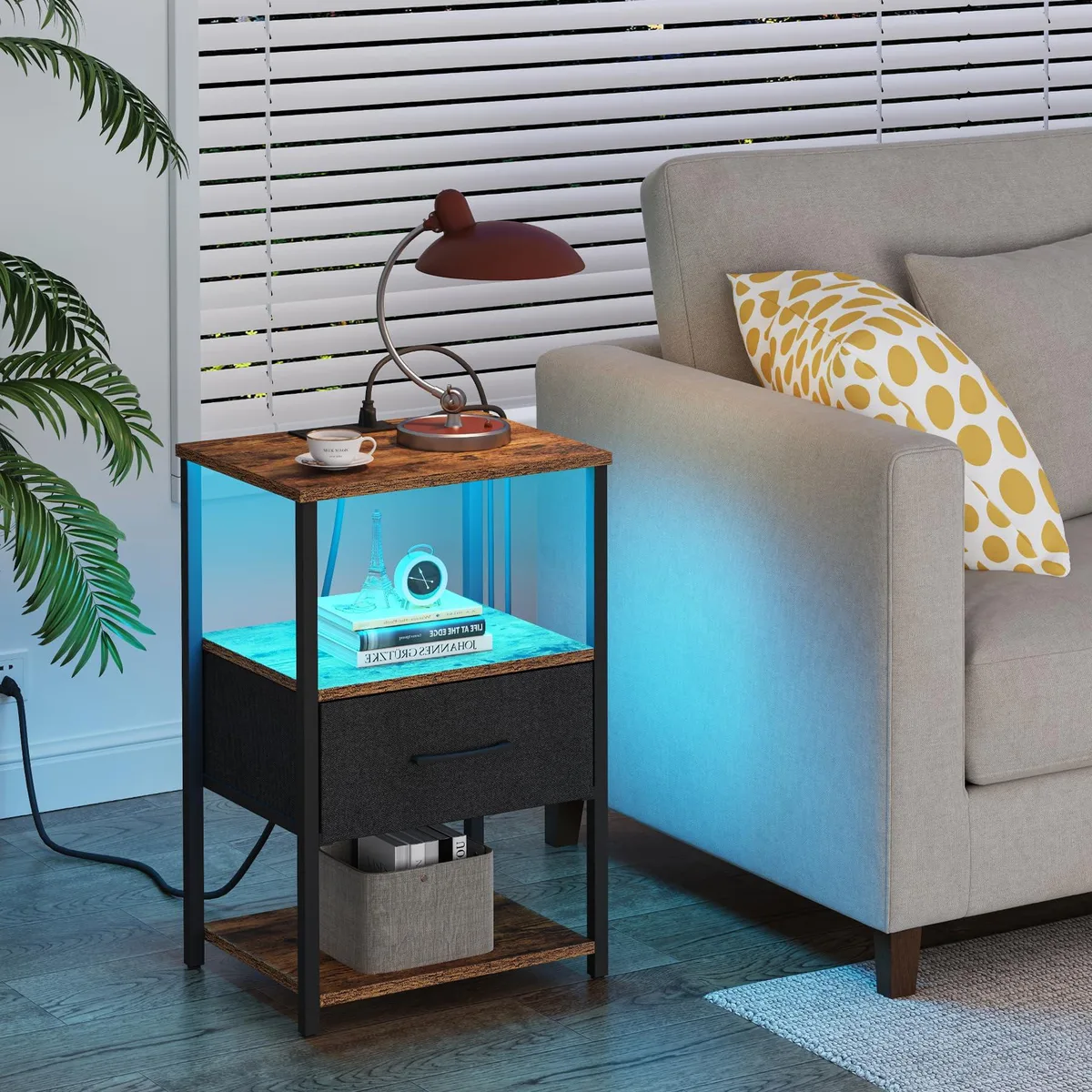 Brown fabric-drawer bedside table with LED lighting and charging ports, 15in wide 23.7in high