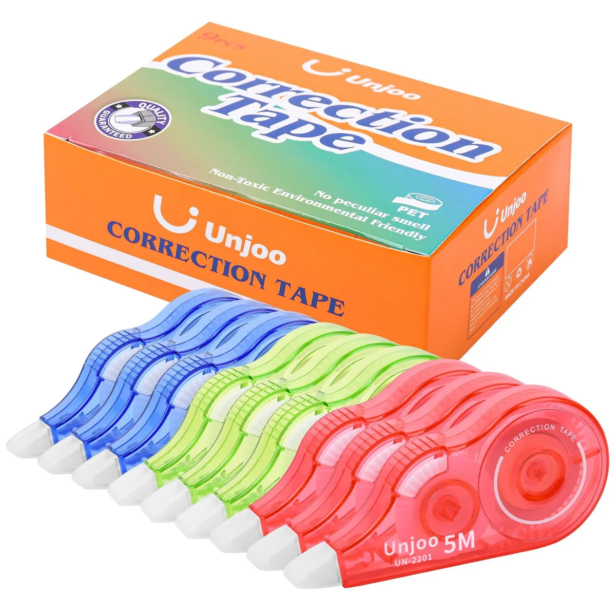 Pack of nine ergonomic correction tape dispensers in red green and blue with protective caps