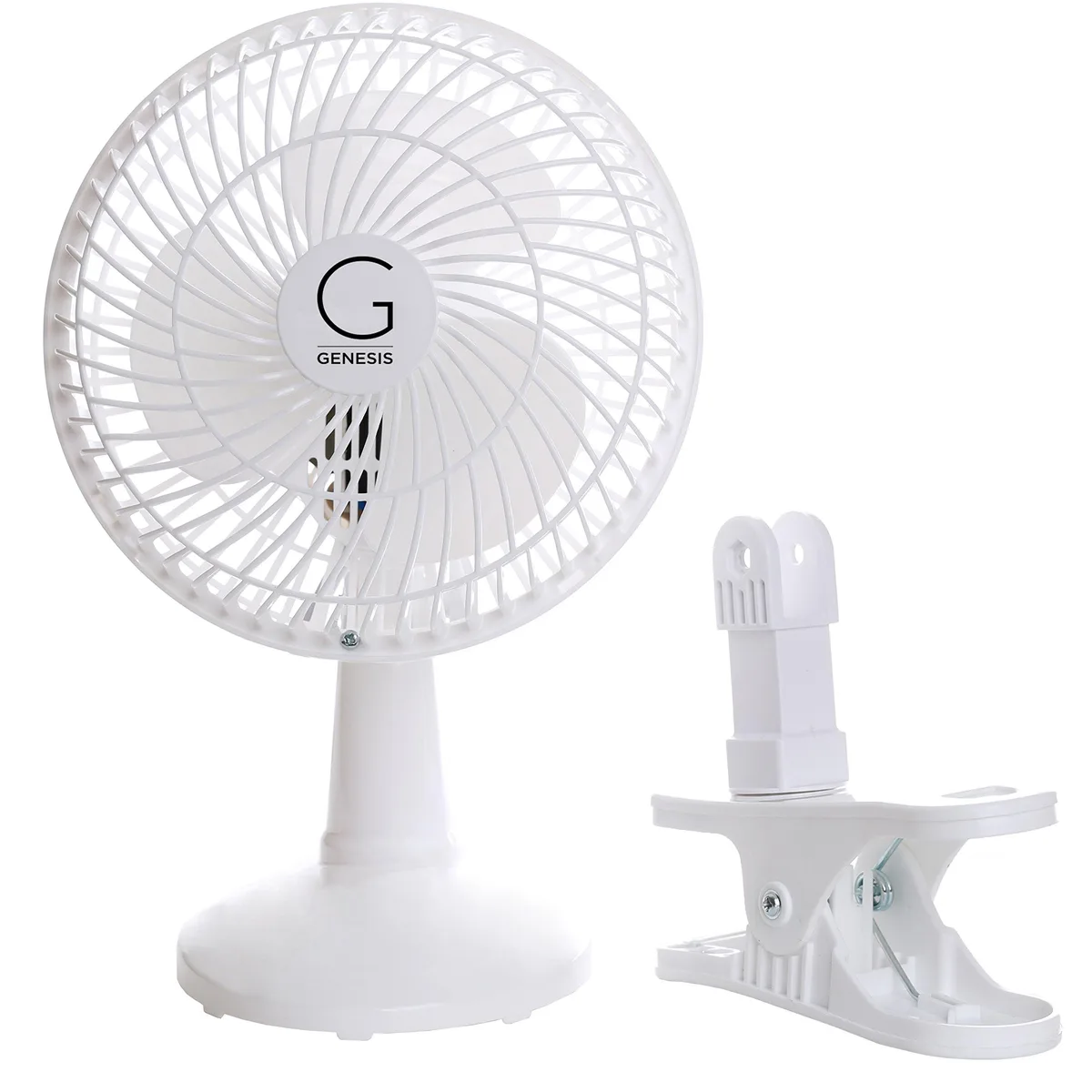 White glossy metal clip fan on rectangular base, adjustable head, two speeds, 10 inches tall