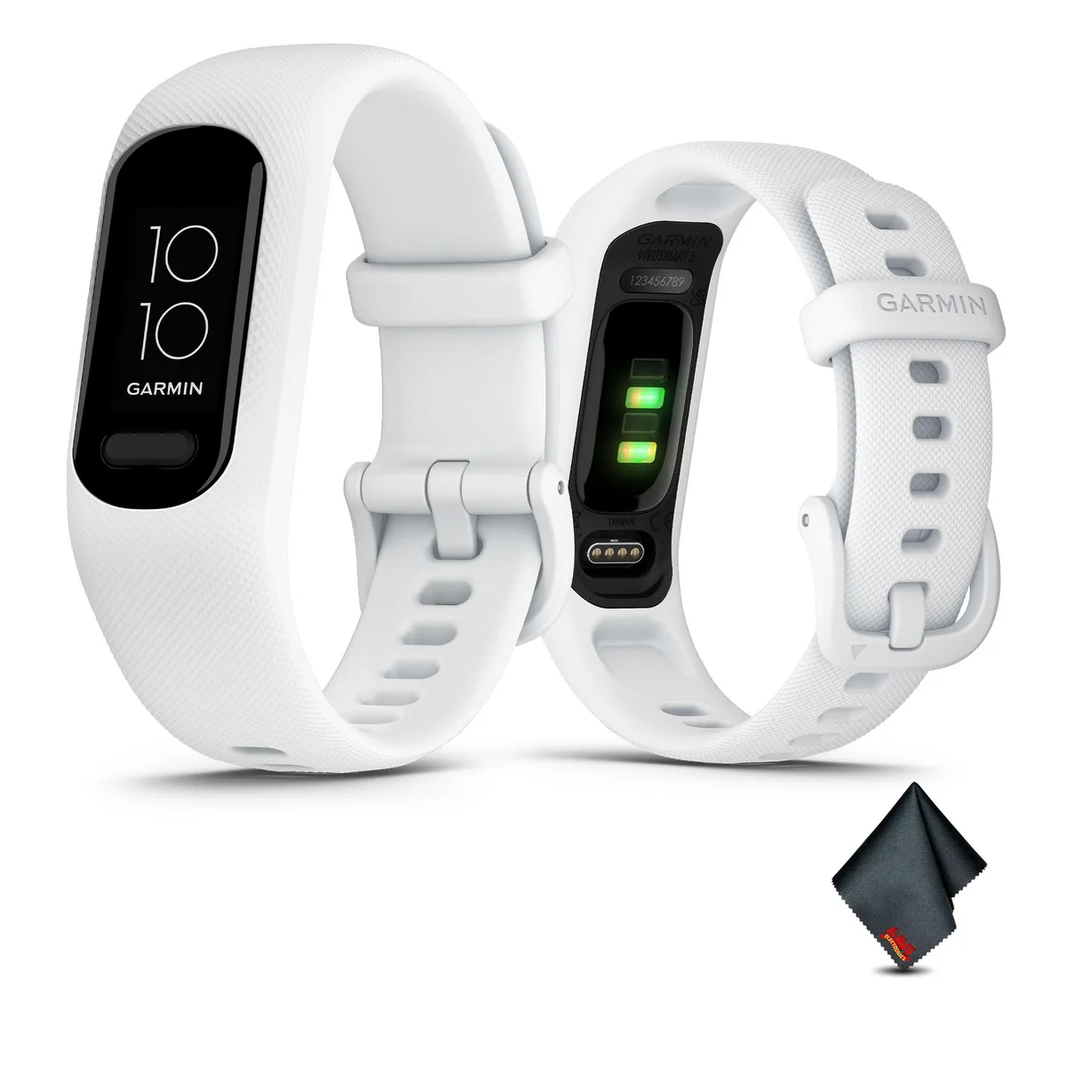 White Garmin vívosmart 5 fitness tracker band with microfiber cleaning cloth