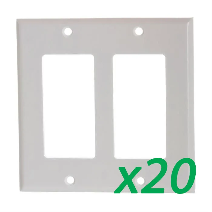 Twenty white rectangular plastic double-gang switch plates with included screws